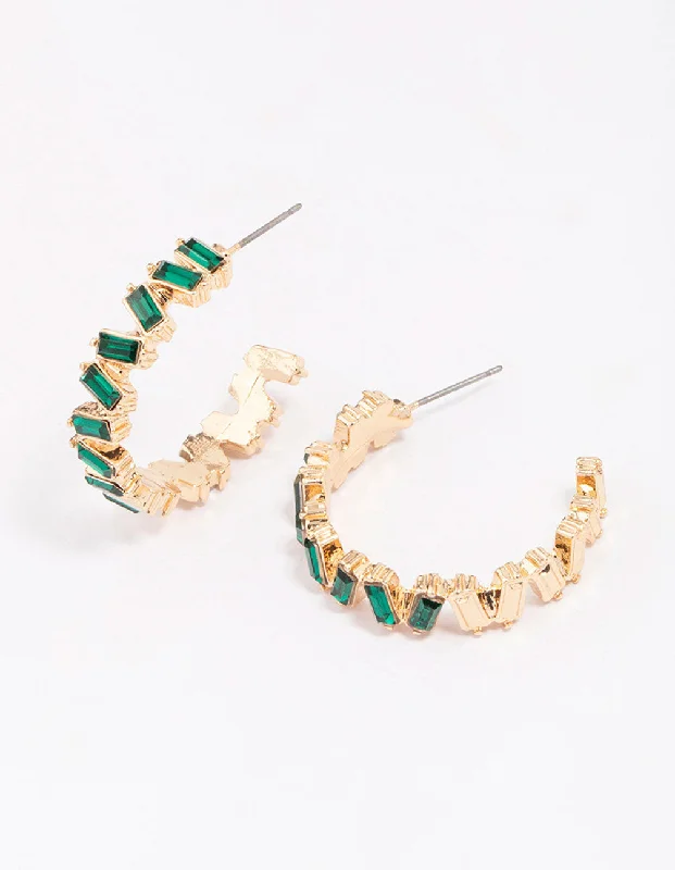 Dangling Gold Earrings-Gold Zig Zag Baguette Drop Earrings