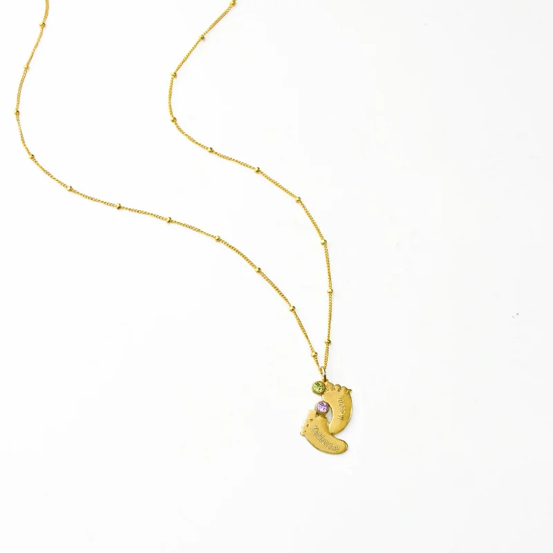 Simple Gold Necklace-Double Footprint Pendant Necklace with Engraved Kid's Names and Birthstones