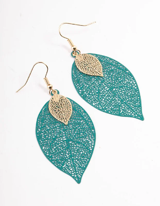 Wedding Earrings-Green Double Leaf Drop Earrings