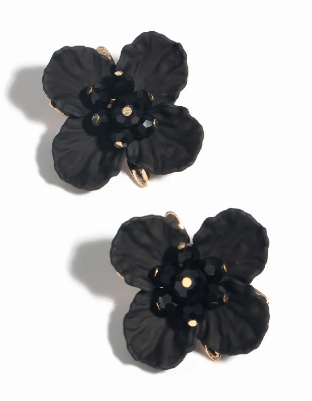 Fancy Drop Earrings-Black Pearlised Flower Stud Earrings