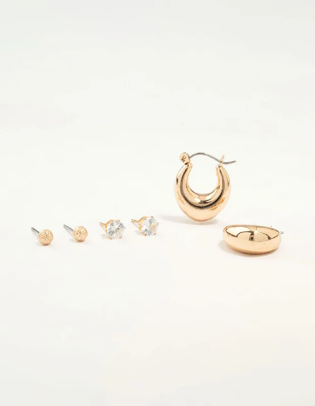 Rhinestone Stud Earrings-Gold Diamante Studs & Hoop Earrings 3-Pack