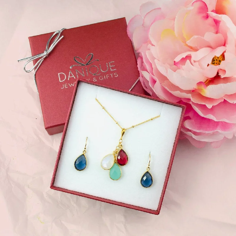 Luxury Gold Pendant Necklace-Custom Mother's Birthstone Necklace & Earrings Set [TCS]