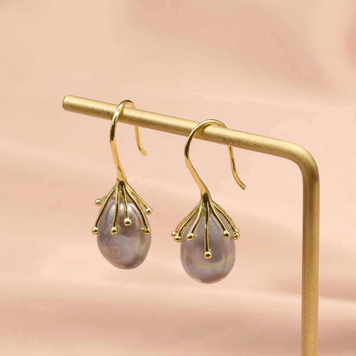 Gold Ear Hook Gray Pearl-Sterling Silver