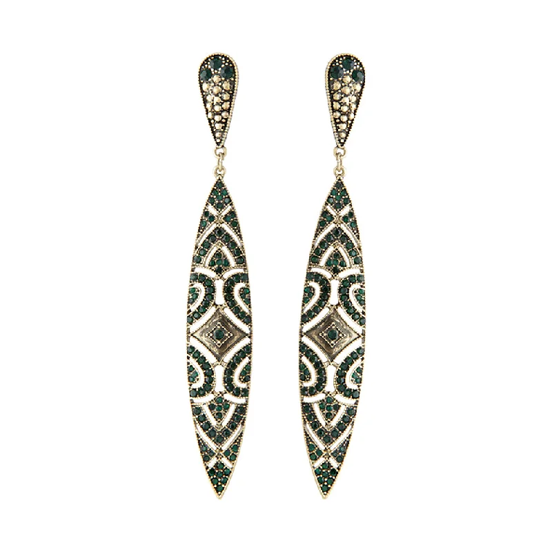 Silver Drop Earrings for Women-Emerald Deco Shield Earrings