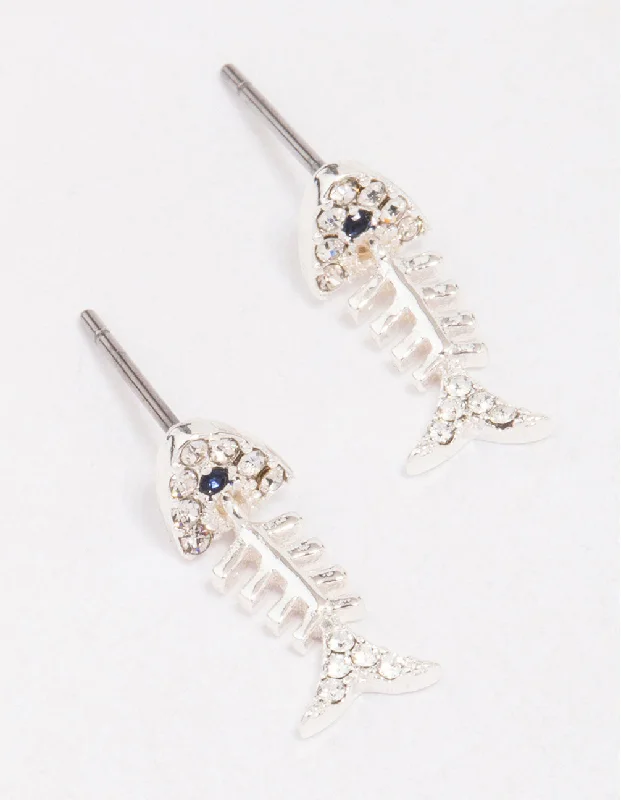 Elegant Swarovski Earrings-Silver Skeleton Fish Stud Earrings