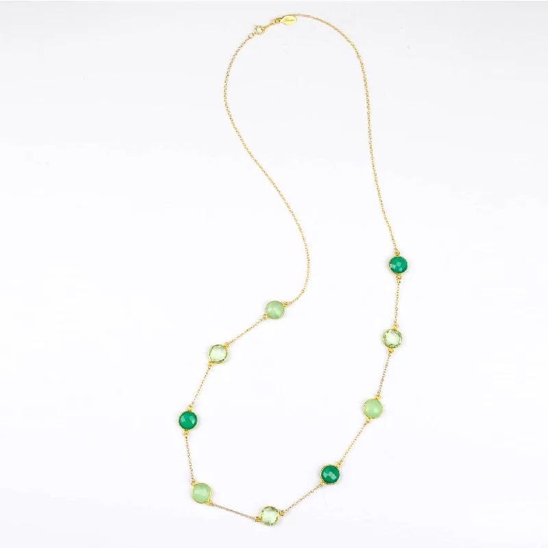 Elegant Wedding Necklace-Long Green Onyx, Green Chalcedony, Green Amethyst bezel station necklace