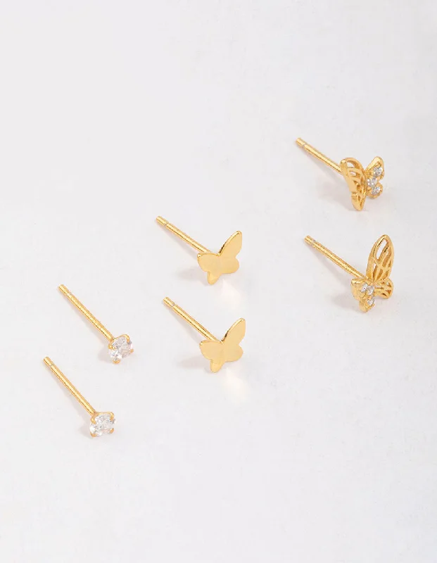 Handcrafted Earrings-Gold Plated Sterling Silver Butterfly Stud Earring 3-Pack