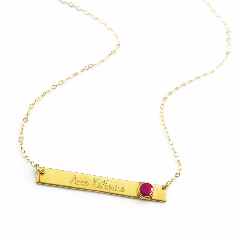 Gold Chain Necklace-July Custom Bar Necklace with Bezel Birthstone