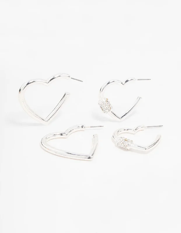 Customizable Earrings-Silver Heart Hoop Earrings 2-Pack