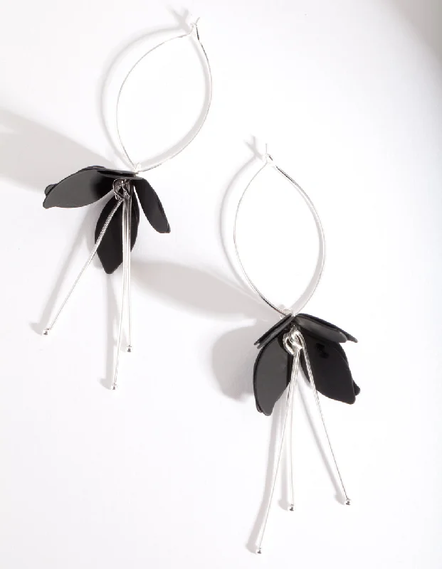 Large Dangle Earrings-Silver Black Flower Drop Earrings