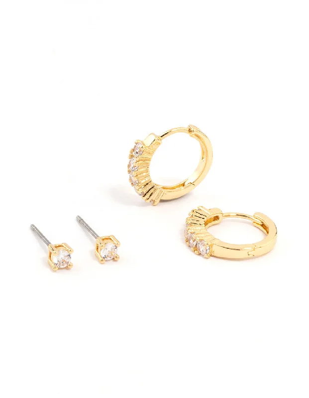 Metal Statement Earrings-Gold Plated Cubic Zirconia Stud & Small Hoop Earrings 2-Pack