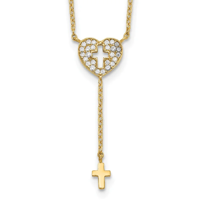 Gold-Plated Pendant Necklace-14KT Yellow Gold Cubic Zirconia 17-inch Heart Cross Necklace