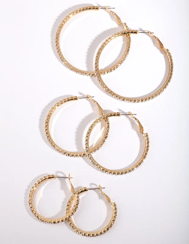 Elegant Gemstone Earrings-Mixed Size Gold Diamante Hoop Pack