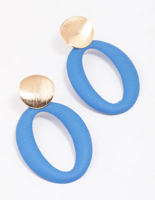 Hoop Earrings for Women-Gold & Blue Disc Textured Oval Drop Earrings