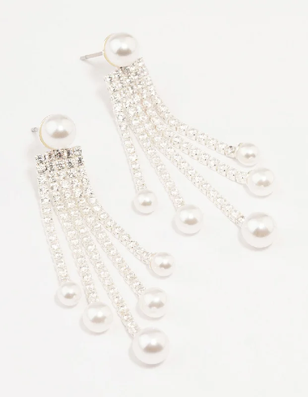 Crystal Dangle Earrings-Silver Plated Cup Chain & Pearl Drop Earrings