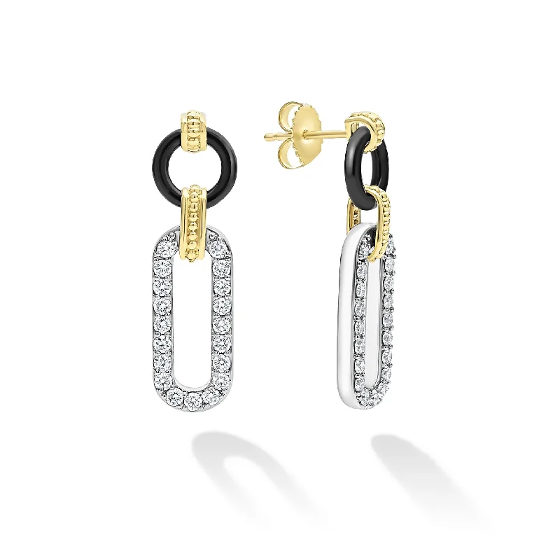 Chic Ear Huggers-Signature Caviar 18K Gold and Black Ceramic Diamond Link Drop Earrings