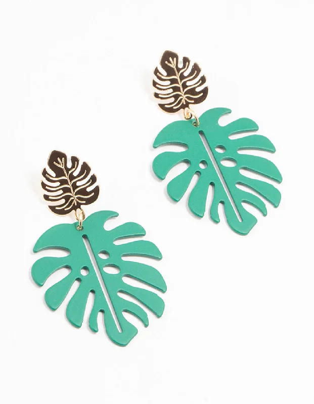 Gold Hoop Earrings-Gold & Green Coated Monstera Leaf Drop Earrings