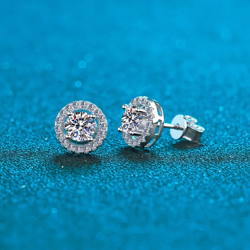 Sterling Silver Inlay Round Moissanite Zircon Ear Studs