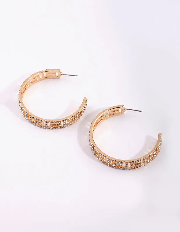 Heart-Shaped Stud Earrings-Gold Diamante Greek Key Hoop Earrings