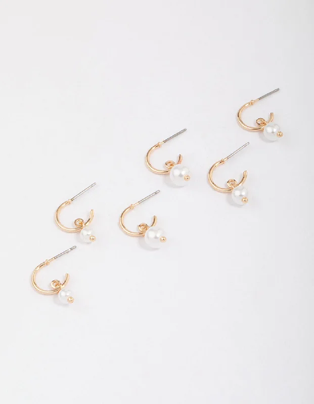 Long Tassel Earrings-Gold Graduating Pearl Drop Huggie Earring 3-Pack