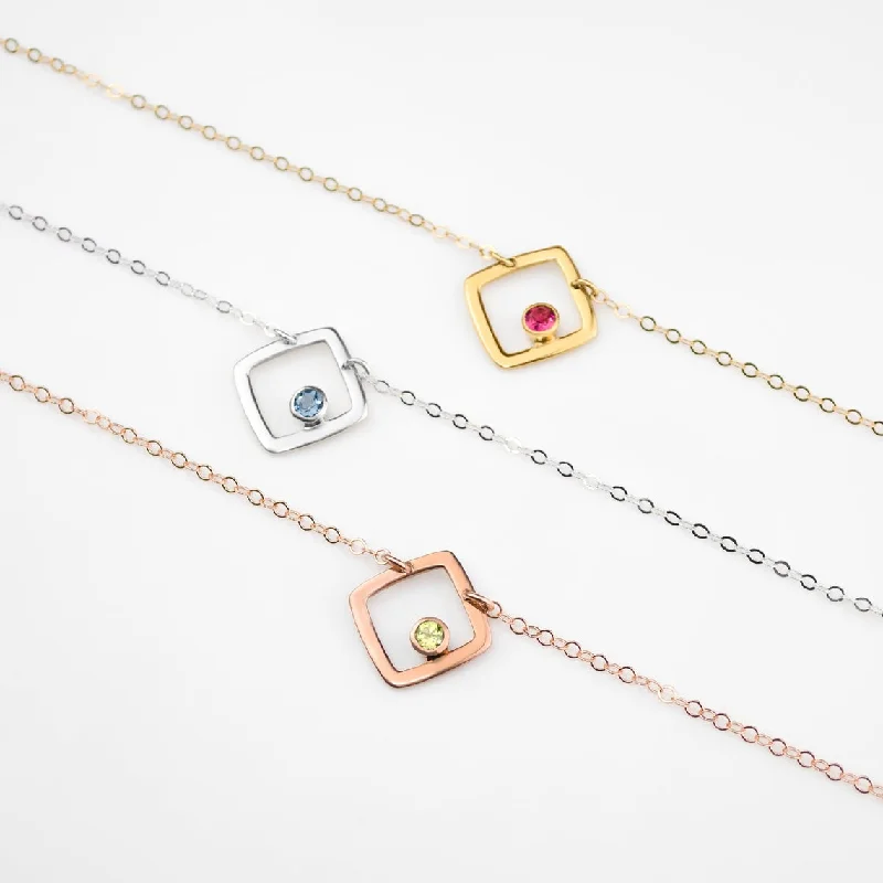 White Gold Necklace-Personalized Birthstone Minimalist Square Pendant Necklace