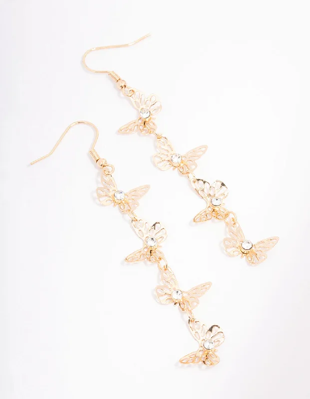 Swarovski Crystal Earrings-Gold Outline Butterfly Drop Earrings