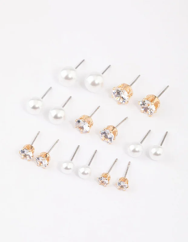 Fashionable Clip-On Earrings-Gold Graduating Diamante & Pearl Earrings 8-Pack