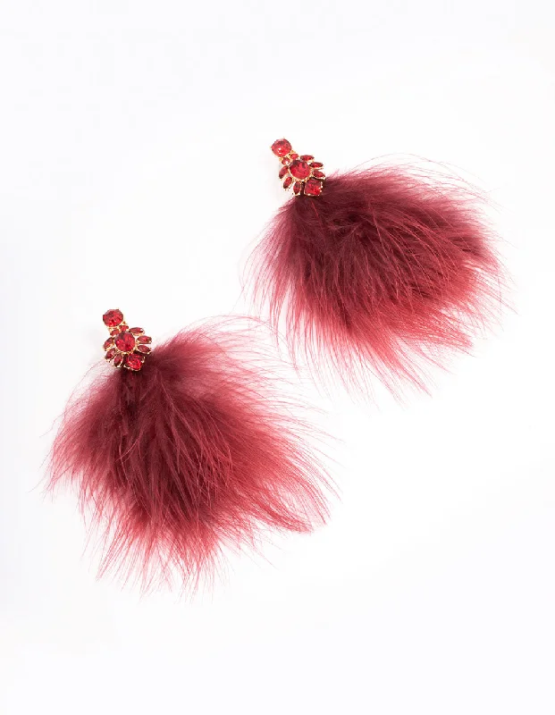 Artistic Earrings-Red Stone Feather Drop Earrings