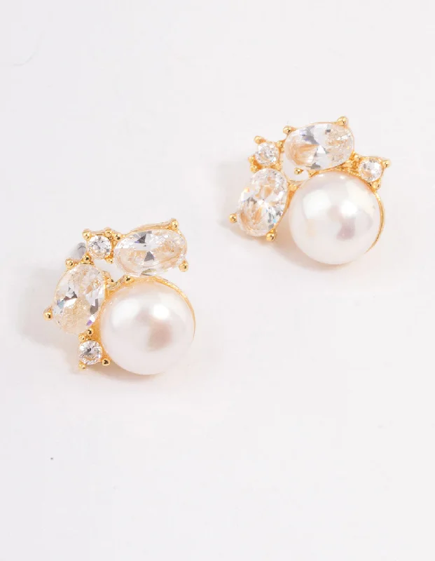 Glittery Hoop Earrings-Gold Plated Cubic Zirconia Freshwater Pearl Stud Earrings