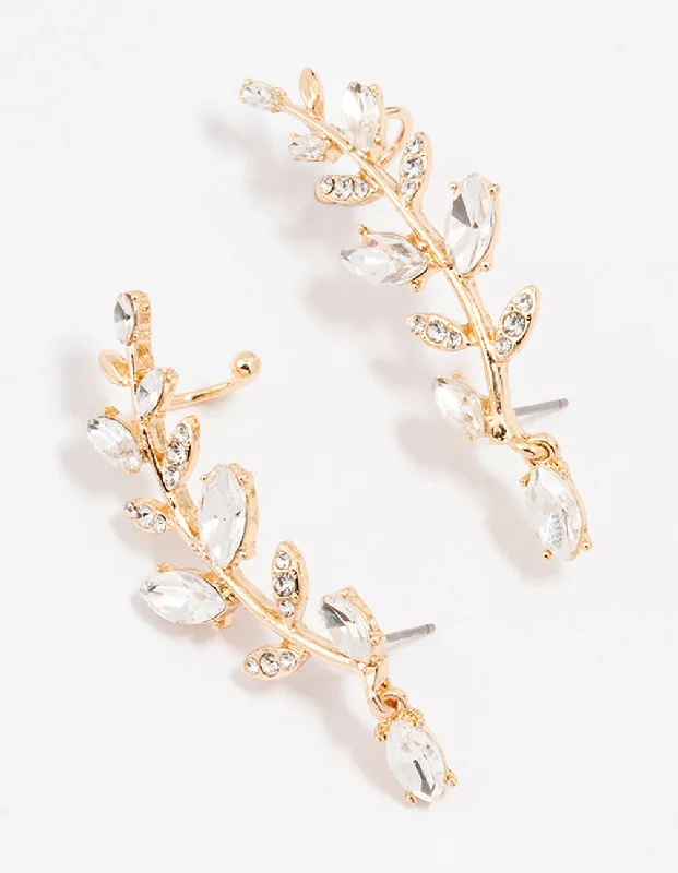 Classic Pearl Studs-Gold Plated Climber Diamante Floral Cuff Earrings