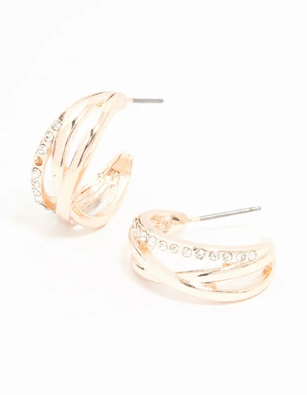 Vintage Style Earrings-Rose Gold Diamante Twisted Hoop Earrings