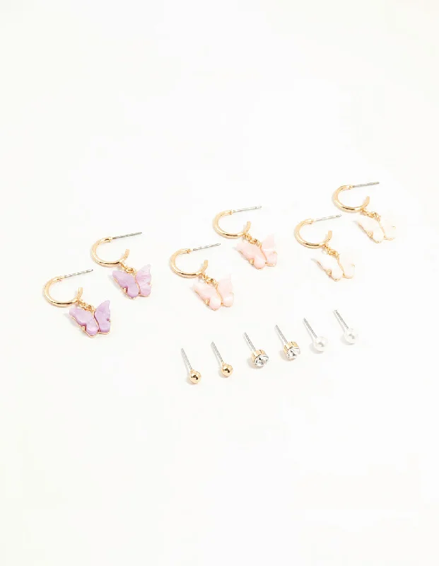 Trendy Statement Earrings-Rose Gold Butterfly & Classic Stud Earrings 6-Pack