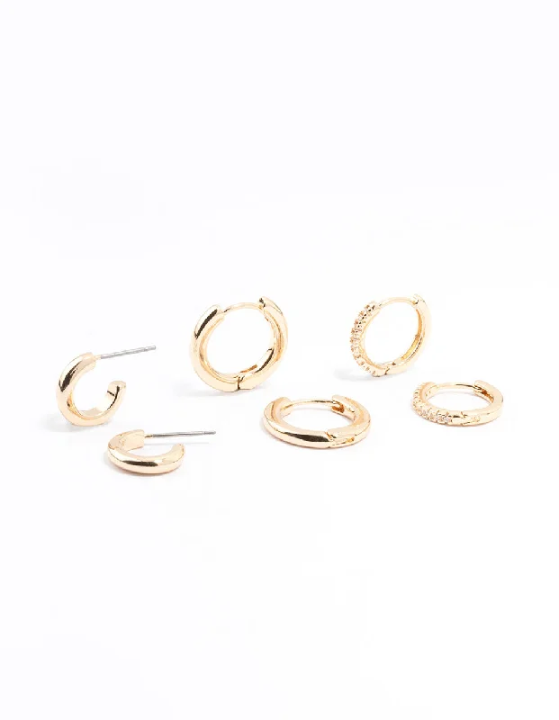 Minimalist Hoop Earrings-Gold Minimal Huggie Hoop Earrings 3-Pack