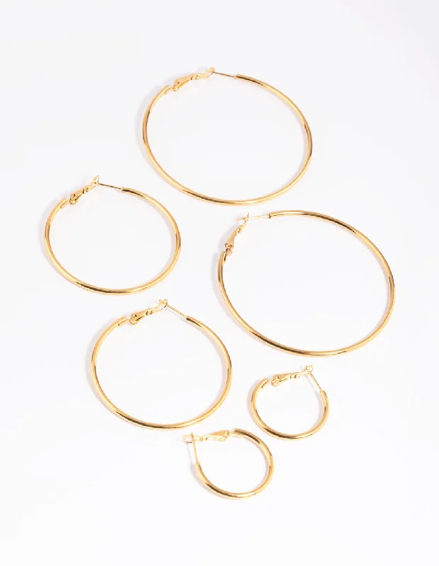 Fashionable Clip-On Earrings-Waterproof Gold Plated Stainless Steel Thin Hoop Earring Pack