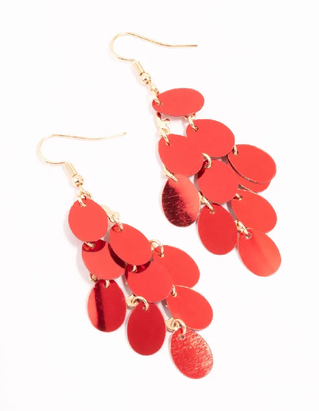 Diamond Drop Earrings-Red Cascading Sequin Gold Drop Earrings