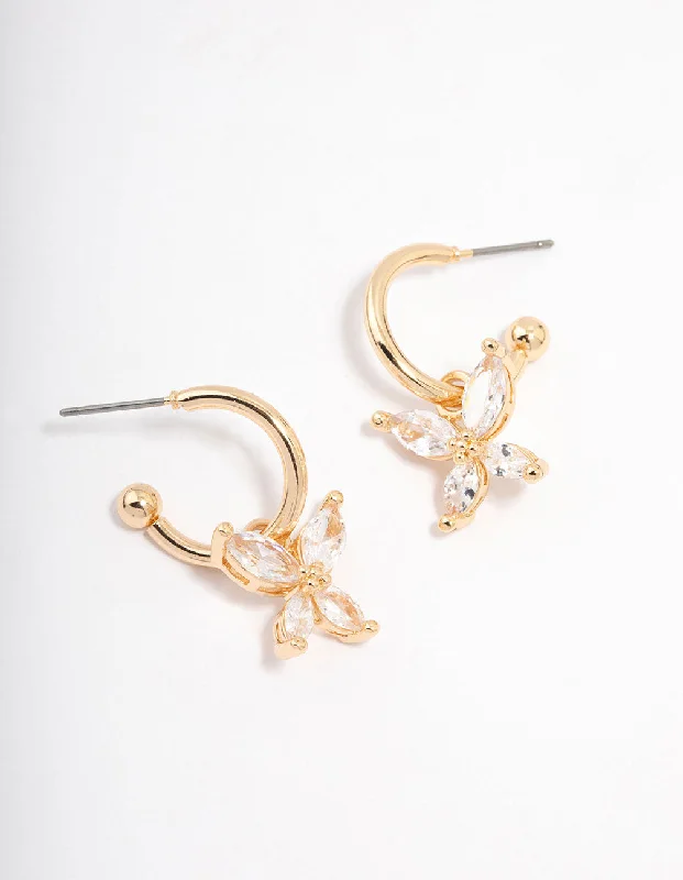 Small Drop Earrings-Gold Cubic Zirconia Butterfly Huggie Hoop Earrings