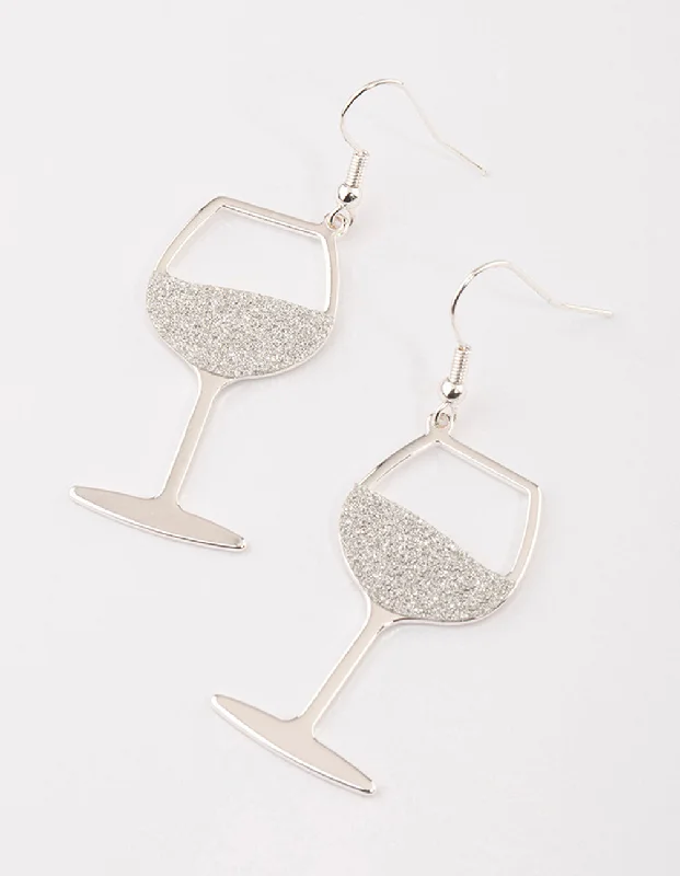 Statement Earrings for Weddings-Silver Glitter Wine Glass Drop Earrings