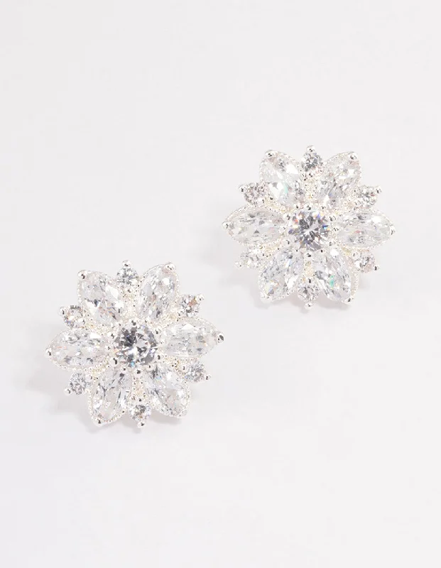 Fashionable Chandelier Earrings-Silver Plated Cubic Zirconia Flower Stud Earrings