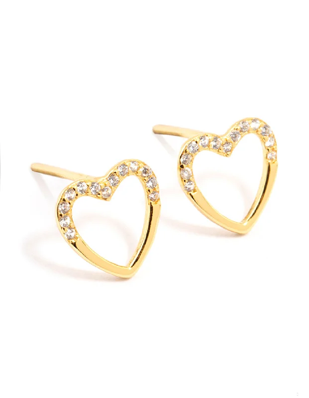 Elegant Hoops with Diamonds-Gold Plated Sterling Silver Heart Stud Earrings