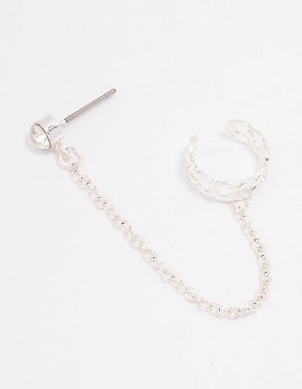 Unique Gemstone Earrings-Silver Chain Link Cuff & Diamante Chain Drop Earrings