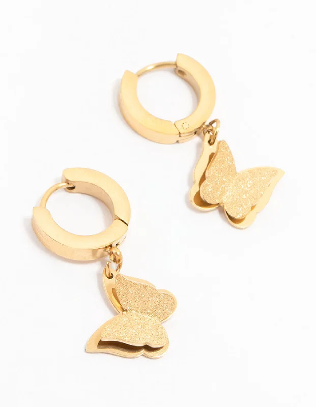 Elegant Hoops with Diamonds-Waterproof Gold Plated Stainless Steel Butterfly Drop Huggie Earrings