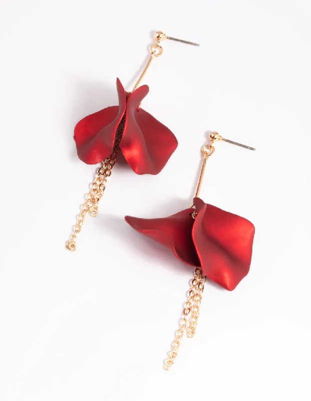 Silver Drop Earrings for Women-Red Petal & Chain Drop Earrings