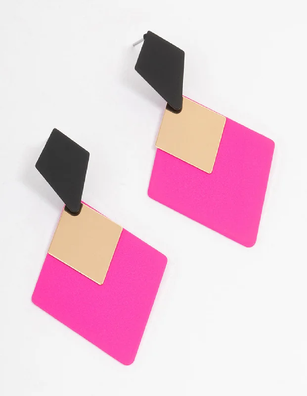 Elegant Gold Earrings-Pink Coated Geometric Shape Drop Earrings