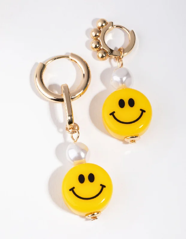 Trendy Statement Earrings-Gold Asymmetrical Pearl Smiley Drop Earrings