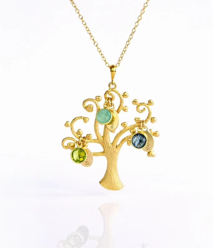 Minimalist Crystal Necklace-Family Swirly Tree Necklace with Kids Birthstones & Names