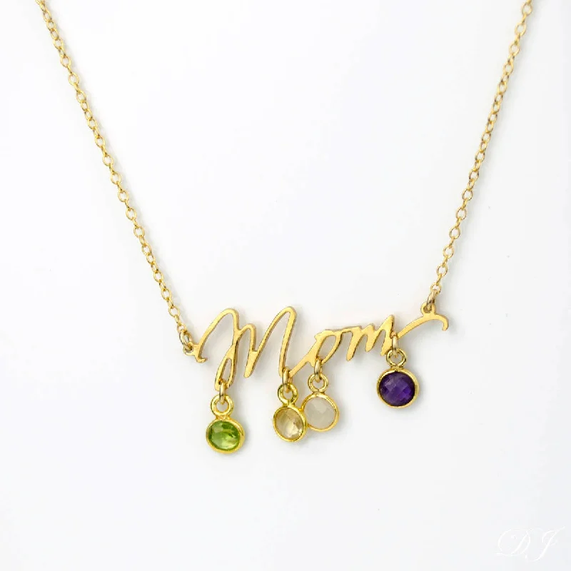 Modern Chain Necklace-Mom Word Necklace with Tiny Kid's Birthstone Pendants