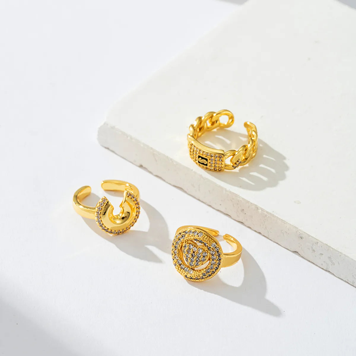 Copper Gold Plated Casual Classic Style Korean Style Plating Inlay Asymmetrical Solid Color Zircon Open Rings