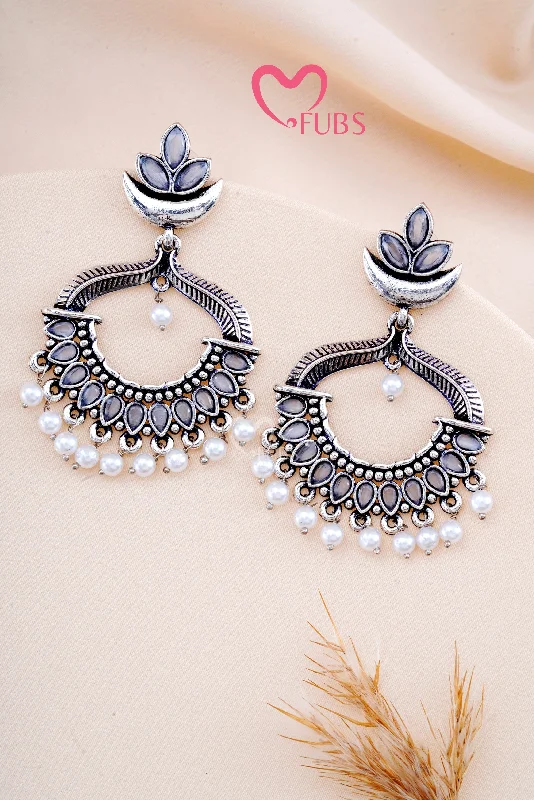 Fashionable Dangle Earrings-Grey Oxidized Garba Charm Chandbalis Earrings