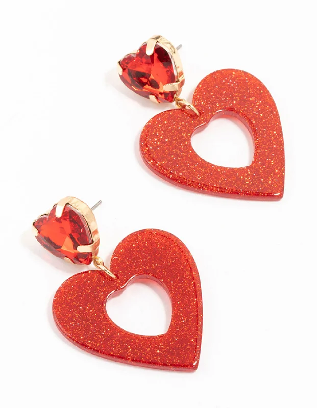 Stylish Hoop Earrings-Red Diamante Glitter Gold Heart Drop Earrings