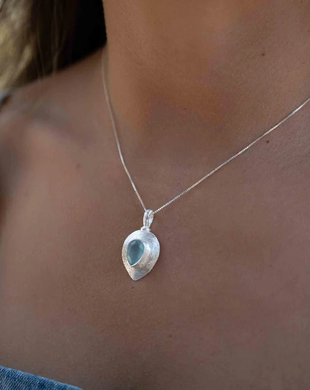 Simple Pearl Necklace-Aqua Chalcedony ~ Tear Drop Charm ~ Sterling Silver ~ MP016